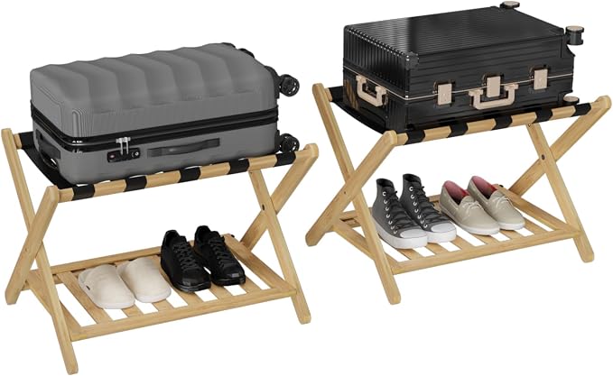 Smuxee Fully Assembled Luggage Rack Pack of 2, Upgraded Bamboo Foldable Suitcase Stand with 5 Nylon Straps, Luggage Holder with Shelf for Guest Room Bedroom Hotel - Image 8
