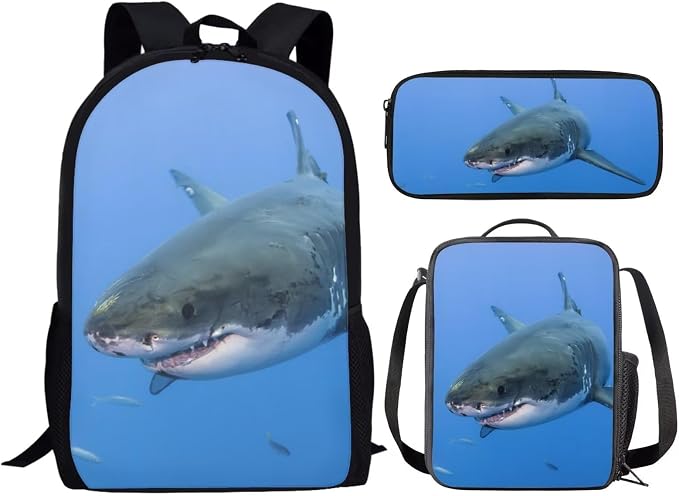 Kids Novelty Animal Backpack and Lunch Box for Boys Girls Student Lightweight 17 Inch School Shark Backpack with Lunch Bag Pencil Case Kids Comfy Padded Black Large Bookbag - Image 2
