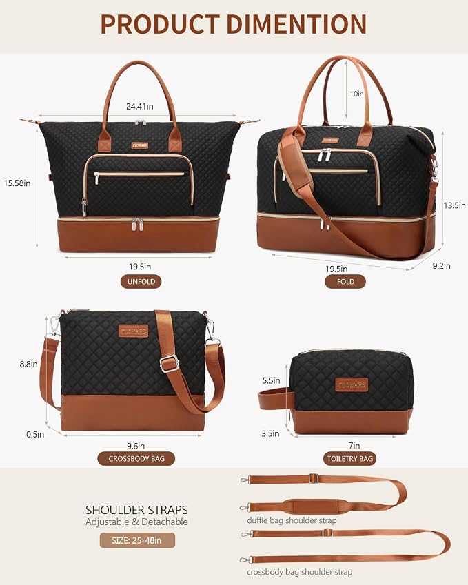 Weekender Bags for Women, Travel Duffle Bag Carry On Overnight Bag with Cosmetics Bag and Crossbody Purse for Gym Hospital, Gifts for Women, Black Brown - Image 3