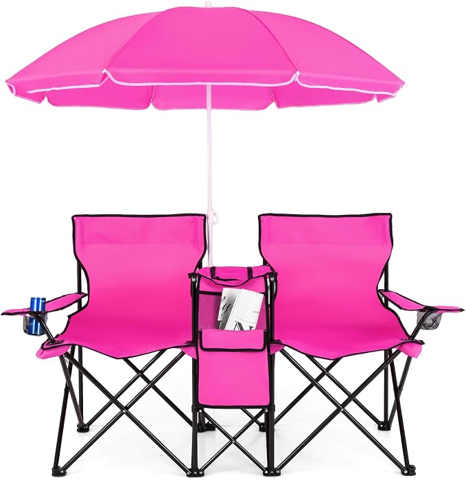 Goplus Double Camping Chair with Umbrella, Folding Loveseat Chairs w/Canopy Shade, Carrying Bag, Table, Cup Holder, Portable Beach Chairs Outdoor Picnic Patio (Pink) by Goplus