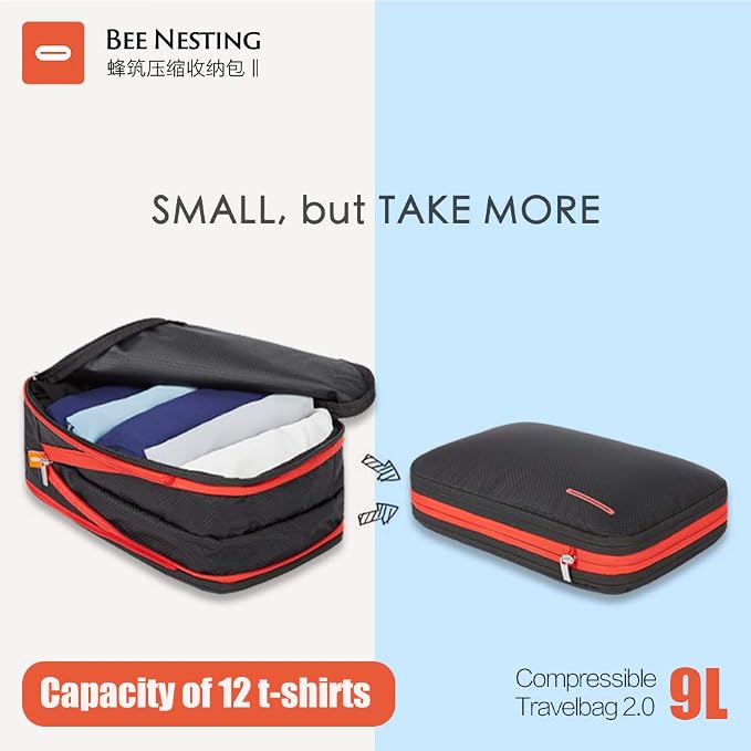 Bee Nesting Waterproof Compression Packing Cubes 5/6/8 sets, Large Travel Packing organizers for Carry on Luggage, 2 Sides Expandable Storage Bags (Black Red, 9L) - Image 2