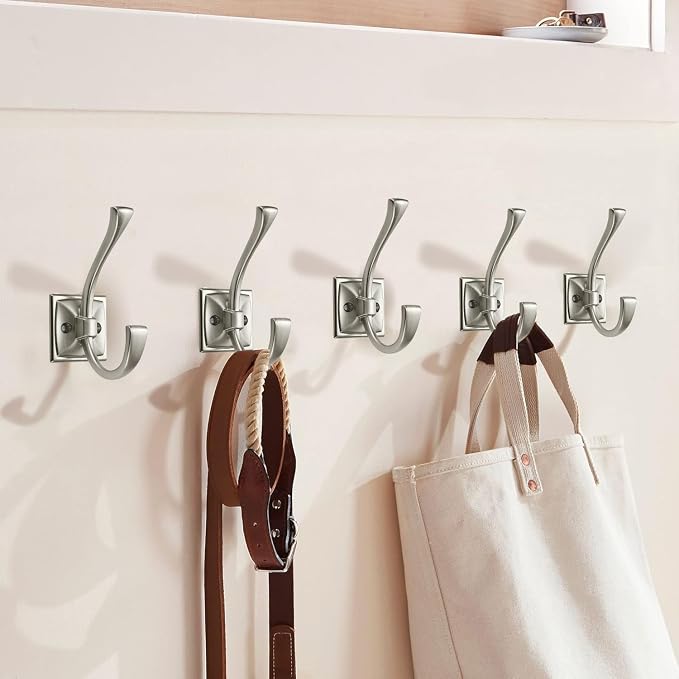 Large Wall Hooks 5 Pack Brushed Satin Nickel Coat Hooks Hardware Towel Hooks for Hanging Coats 4.35 Inch Double Robe Hooks Wall Mounted with Screws for Key, Towel, Bags, Cup, Hat - Image 3