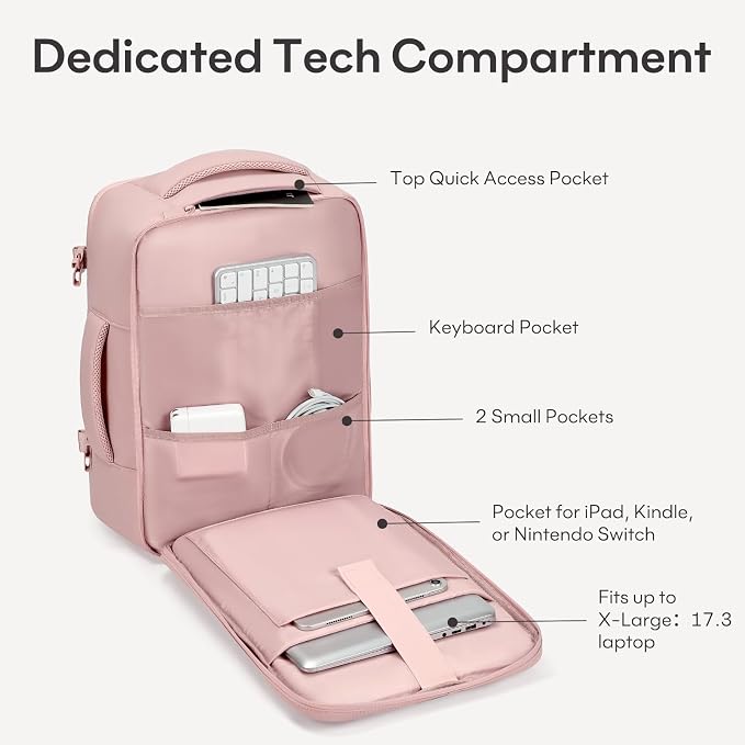 mibasies 40L Travel Backpack for Women & Men: Flight Approved Carry On Backpack, TSA Personal Item Bag with Water Bottle Pocket, Weekender Essentials Backpacks fits 17" Laptop - Pink - Image 4