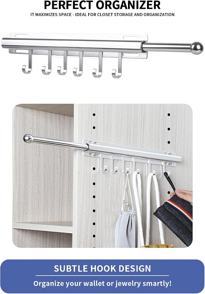 BaiNong Valet Rod for Closets Pull Out 16.5" Silver with 6 Hooks | Closet Valet Rod Slide Out for Closets, Laundry Rooms, RVs Space-Saving - Image 2