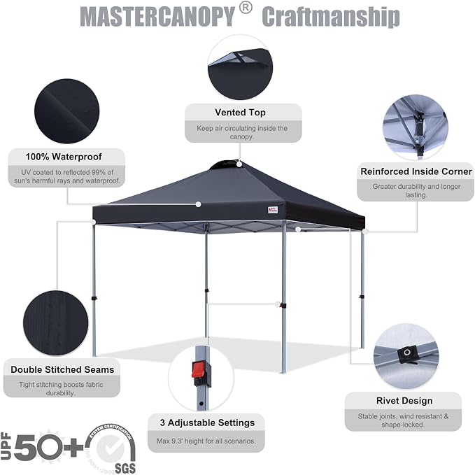 MASTERCANOPY 8x8 Pop Up Canopy Tent, 1 Person Setup Instant Shelter,Outdoor Portable Beach Canopy with Roller Bag, 4 Sandbags, 4 Ropes, 8 Stakes (8x8, Black) - Image 3