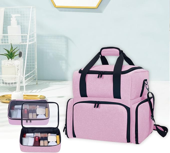 Large Makeup Bag with 2 Removable Case Cosmetic,Pink | Large Makeup Bag with 2 Removable Case Multifunctional Cosmetic Bag Double Layer Travel Toiletry Organizer - Image 7