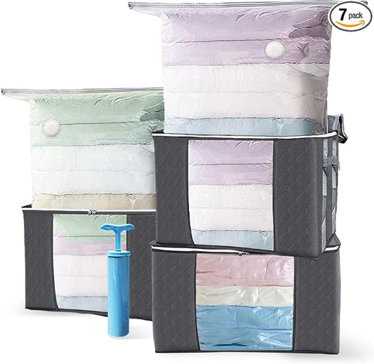 VOUNOT Set of 7 Clothes Storage Bag with Large Capacity Vacuum Bag 3 Foldabale EDENOO Storage bag with Reinforced Handle 3 Vacuum Bags with Hand Pump for Bedding and Clothes. by VOUNOT