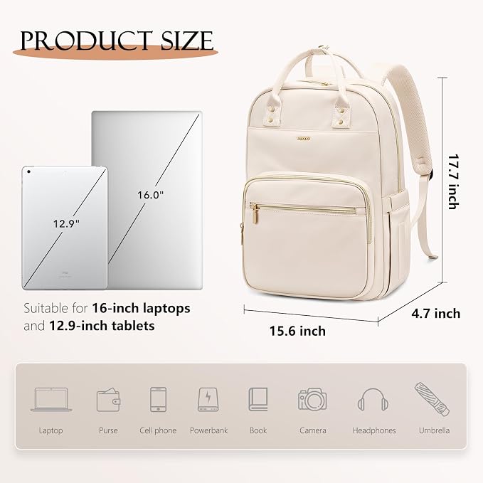 MDODO Laptop Backpack Women,16Inch Teacher Laptop Bag Backpack with Laptop Compartment Waterproof Carry on Daypack Backpack for Work,College,Travel,Trip,Nurse, Beige - Image 2