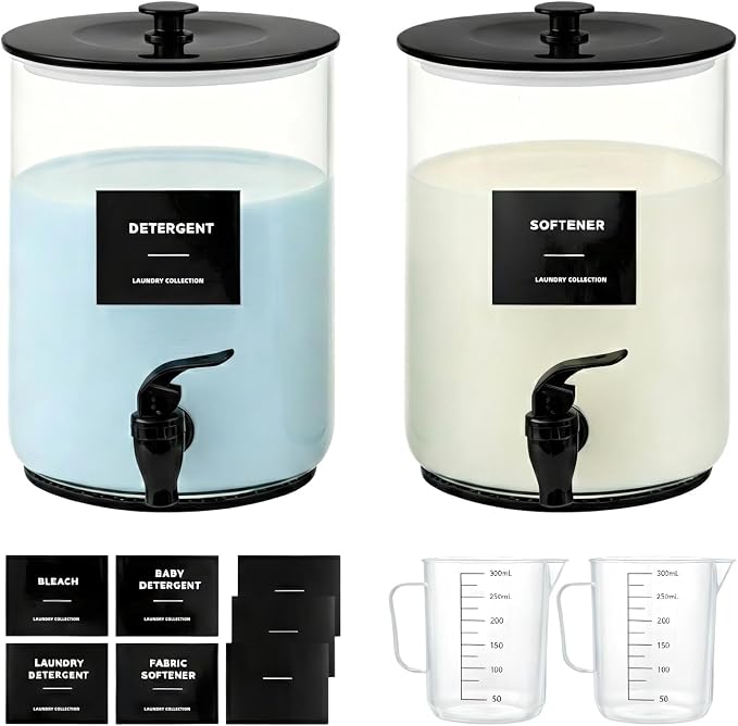 Glass Laundry Detergent Dispenser,1 Gallon Large Liquid Soap,2 Pack(Black) | Complete borosilicate jars set with leakproof spigots, protective silicone mats, minimalist labels, and dosing cups. by Unknown