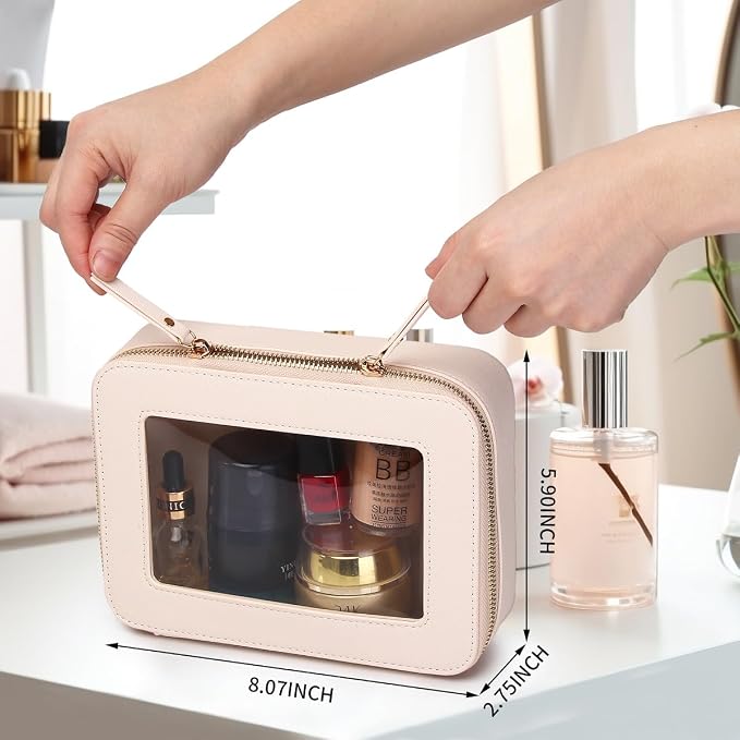 Clear Makeup Bag Set Portable Travel Cosmetic Bag and Toiletry Bag Women's Purse Pouch Cosmetic Stroage Organizer Bag with Zipper Car Essentials (Beige, M+Mini) - Image 5