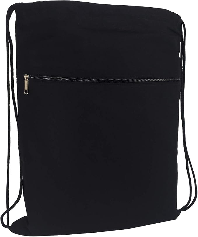 TBF Cotton Canvas Drawstring Backpack with Zippered Front Pocket Cinch Sack Pull String Sport Bags for Gym, Hike, Men Women Kids Bags (Black, Set of 6) - Image 2