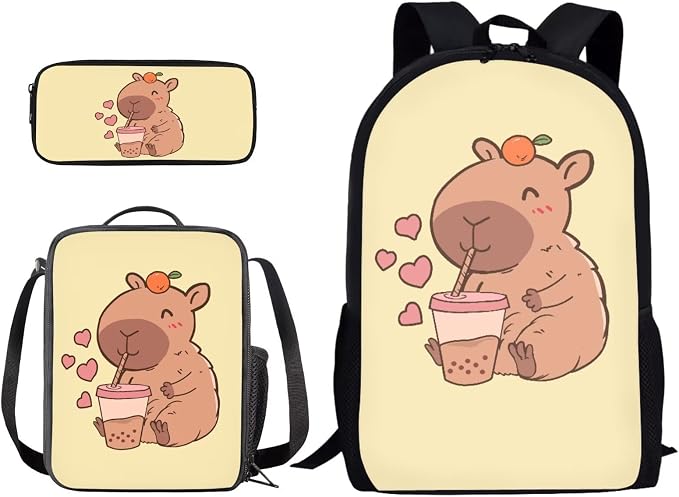 Capybara Bubble Tea Print Boys School Bag 3 in 1 Children's Backpack Set with Lunch Bag and Pencil Pouch Case Daypack Set, Lightweight Durable Knapsack Set for Teen Girls, Light Yellow by PCSJRKG