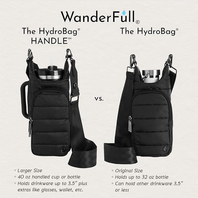 WanderFull Original HydroBag HANDLE®, Zipper for Handle, 40 oz Water Bottle Holder w/Strap, Mother’s Day Gift, Crossbody Carrier Bag w/Phone Pocket - Black Matte w/Vegan Leather Trimmed Strap - Image 6