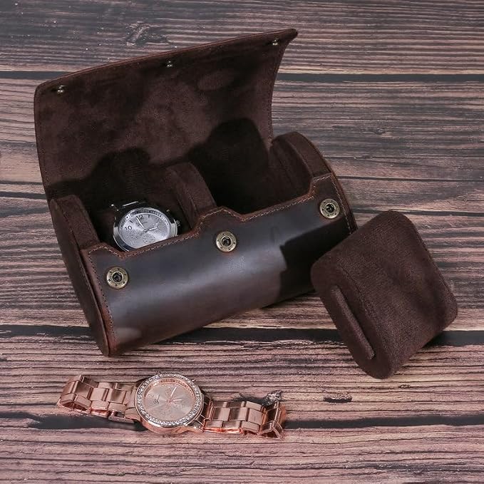 Genuine Leather Watch Roll Travel Case,2 Slots Vintage Full Grain Leather Watch Box with Pillow for Men,Watch Storage Organizer for Home Storage, Gifts - Image 4
