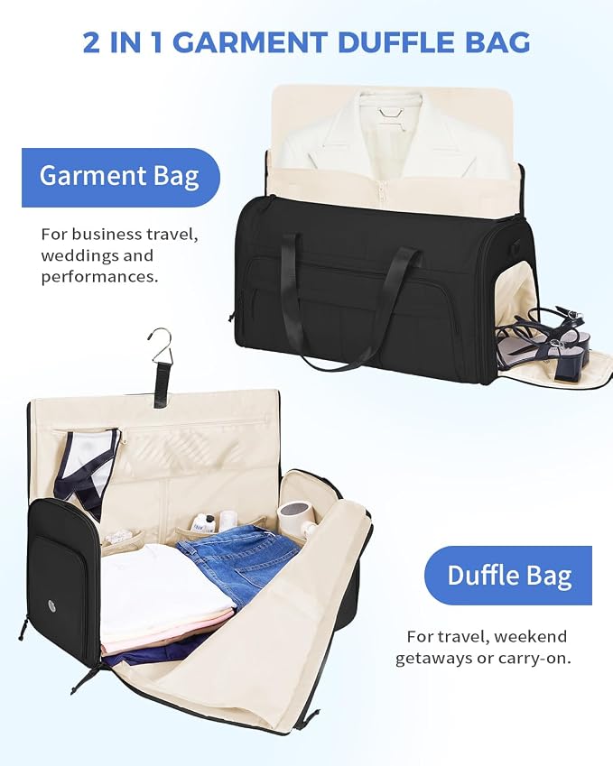 WANDF Convertible Garment Bags for Travel with Wet Pocket Carry on Garment Duffle Bag 2 in 1 Puffy Hanging Clothes Travel Bags with Shoe Compartment for Airplanes Business Weekend Gym Wedding (Black) - Image 3