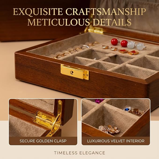 Solid Black Walnut Jewelry Box with Lock and Key Large Capacity Vintage Wooden Organizer for Women and Men Ring Necklace Earring Cufflink Storage Compartments Removable Dividers Gift - Image 5
