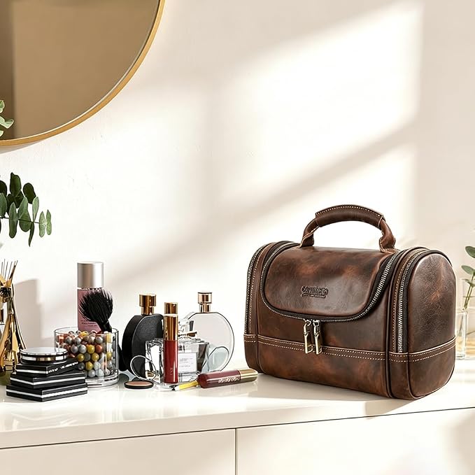 CONTACTS Crazy Horse Leather Toiletry Bag for Men Travel Bathroom Shaving Dopp Kit Toiletries Organizer Vintage Brown Cosmetic Bag Handbag - Image 8