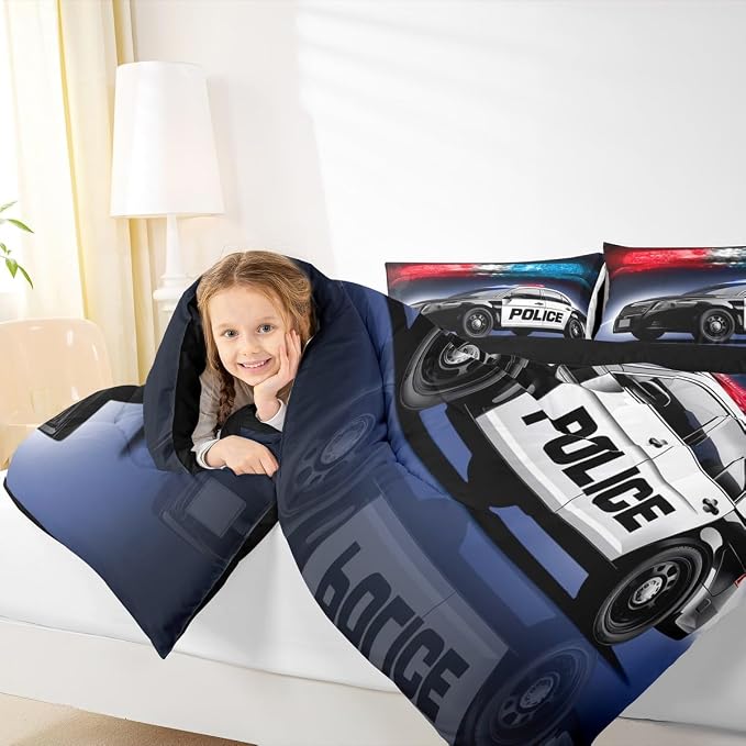 Erosebridal Police Car Comforter Sets Full Size,Policeman Vehicle Bedding Set for Kids Boys Children,Red Blue Cop Lights Down Comforter Geometric Graphics Duvet Sets Bedroom Decor with 2 Pillow Cases - Image 6