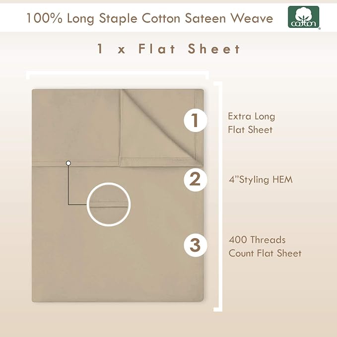 Pizuna Pure 100% Cotton Flat Sheets Only King Simply Taupe (1 PC), Luxurious 400 Thread Count Long Staple Cotton Sateen with 4inch Hem (Combed King Flat Sheet Only Cotton) - Image 3