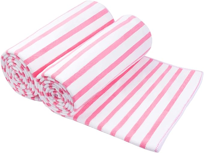JML Microfiber Bath Towels Set, 2 Pack, 30" x 60", Absorbent Quick Drying Beach Towel Cabana Stripe for Adult, Travel, Summer, Sport, Swimming, Pool, Yoga, Camping, Microfiber StripePink by JML