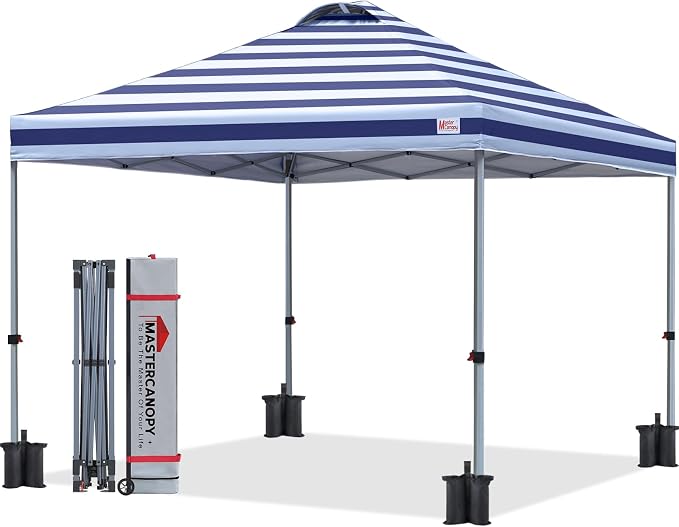 MASTERCANOPY 10x10 Pop Up Canopy Tent, 1 Person Setup Instant Shelter,Outdoor Portable Beach Canopy with Roller Bag, 4 Sandbags, 4 Ropes, 8 Stakes (10x10, Navy Blue Stripe) by MASTERCANOPY