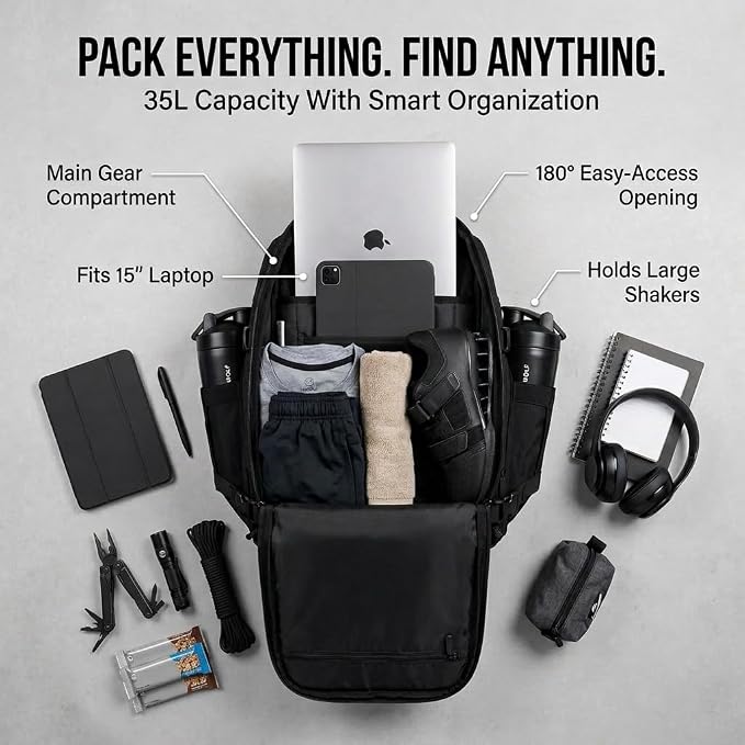WOLFpak 35L Tactical Gym Backpack (Alpha Black) Durable 1000D Waterproof Oxford Material with MOLLE Webbing, Laptop Pocket & Dual Cup Holders, Durable Fitness/Travel/Military Daypack - Image 4
