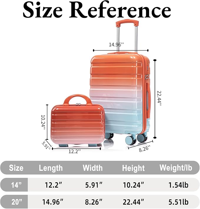 Gradient Red-Blue Luggage Set 14" & 20" - 2 Piece PC Spinner Wheel Suitcases with Combination Lock, Lightweight Carry On for Business & Vacation - Image 7