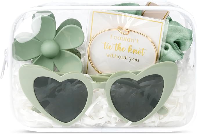 DEEKA 5 Pcs Bridesmaid Proposal Bag Set Gift Clear Makeup Toiletry Bag Bachelorette Party Favors Sunglasses Flower Claw Clips Scrunchies Knot Bracelets Bridal Wedding Party Gifts (Sage Green) by DEEKA
