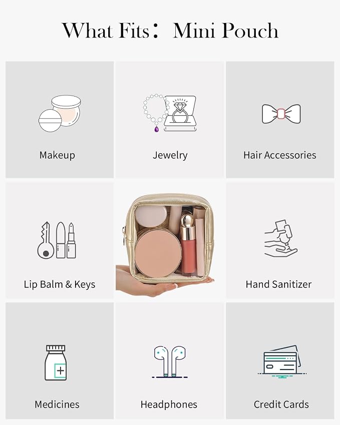 Pocmimut Clear Makeup Bag, Easy to Find Mini Makeup Bag for Purse, Travel Makeup Bag for Car, Compact Cosmetic Pouch for Daily Essentials,Gold - Image 5