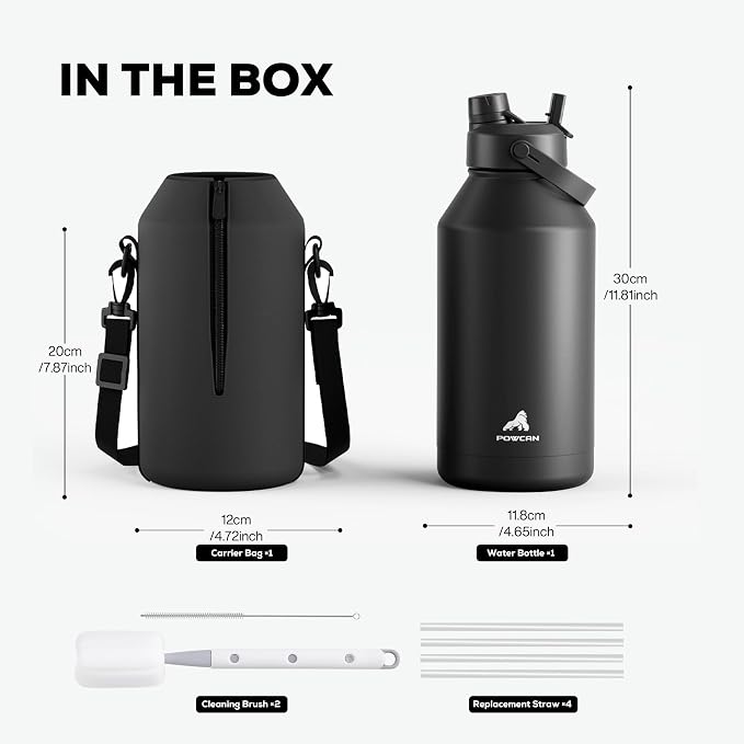 POWCAN 64 oz Insulated Water Bottle for Sports: 2-in-1 Straw & Spout Lid, Leakproof, Carrier Bag, Shoulder Strap, Keep Cold 48H, BPA-Free, Half Gallon Metal Water Jug for Gym, Travel, Gift (Midnight) - Image 4