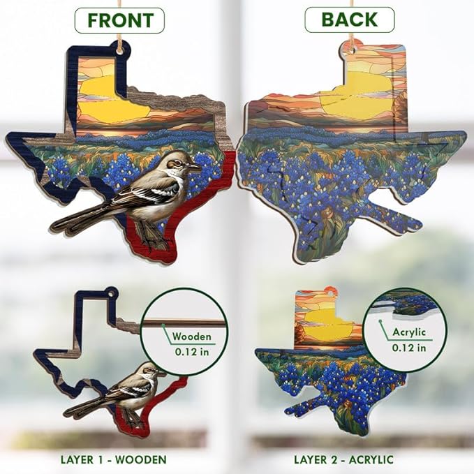 FLAGWIX Christmas Texas Gifts for Women Men - Suncatcher Ornaments for Tree Decorations - Christmas Ornaments Decor Indoor, Texas State Gifts for Family Mom Dad Family Friends, Mockingbird Decoration
