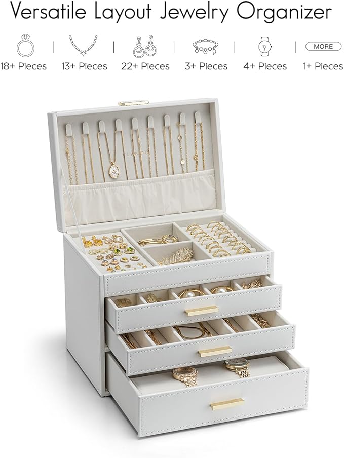 VLANDO 4 Layer Large Jewelry Box - Jewelry Holder Organizer, Jewelry Box Organizer for Drawer Necklace Ring Bracelet and Watch, Birthday Gift for Loved Ones - White - Image 6