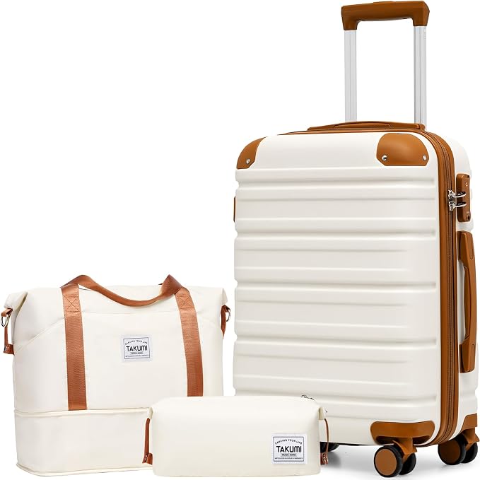TAKUMI Carry On Luggage Set 3 Piece ABS+PC Hardshell Suitcases with Duffel Bag Double Spinner Wheels Travel Luggage with TSA Lock Lightweight Suitcase Set(WHITE BROWN, 3 PIECE SET(20/DB/TB)) by TAKUMI