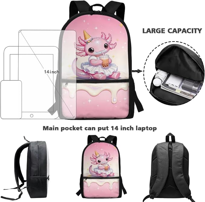 Axolotl Back to School Backpack Set for Girls, 17'' 4-Piece Cute Bookbag with Insulated Lunch Bag, Ice Cream Boba Tea Pencil Case, Lightweight School Bag for Kids Age 6-12 - Image 4