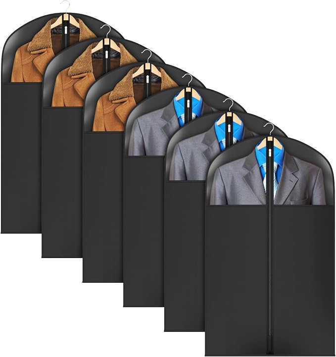 Univivi Garment Bag Suit Bag for Hanging Clothes, 40" Lightweight Full Zipper Washable Suit Cover with Large Visible Window for Suit Coat, Jacket, Sweaters (Set of 6), Black by Univivi