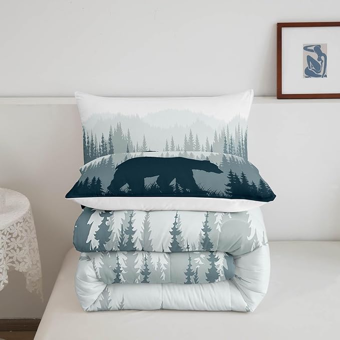 Woodland Comforter Set for Kids Boys Girls Teens,Bear Wild Animal Silhouette Bedding Set Twin Size,Natural Tree Down Comforter Home Room Decor,Misty Mountain Quilted Duvet Warm with 1 Pillow Sham - Image 5