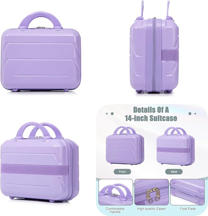 2-Piece ABS Hard Shell Lightweight Carry-On Luggage Set (14" & 20"), 360-Degree Spinner Wheels, Adjustable Telescopic Handle and Combination Lock for Travel, Purple - Image 4