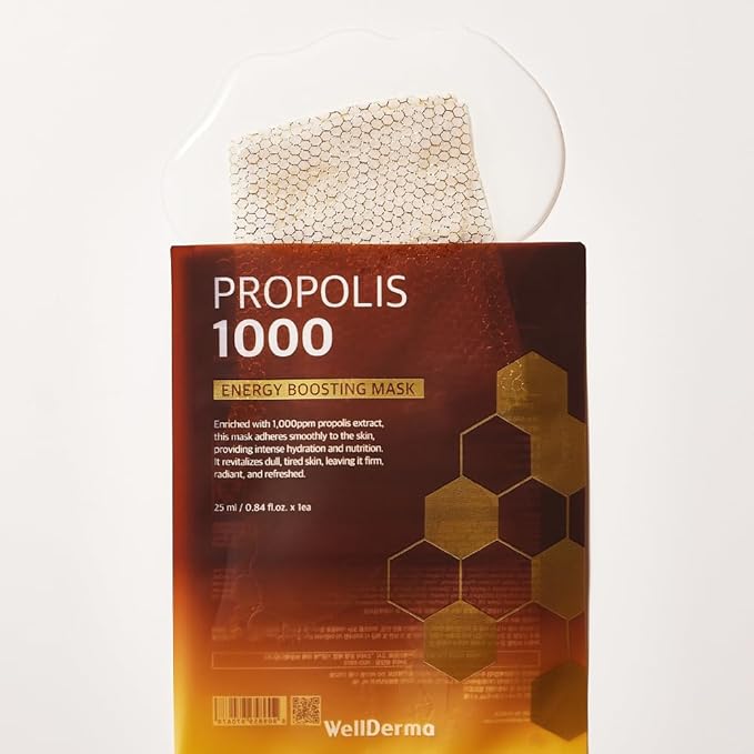 WELLDERMA Propolis 1000 Energy Boosting Sheet Mask – 5 Sheets | Korean Face Mask for Hydration, Vitality & Radiant Care | Infused with Propolis Extract 1,000ppm & Honey