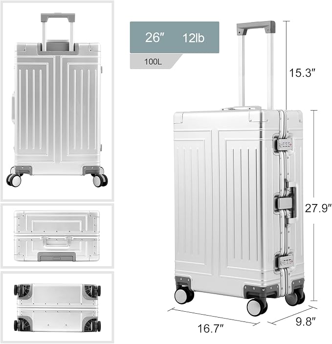 All Aluminum Magnesium Luggage 28inch，Cut from Whole Aluminum Sheet（3rd Generation，Premium Magnesium Metal zipperless suitcase ） (silvery, 28inch) - Image 7