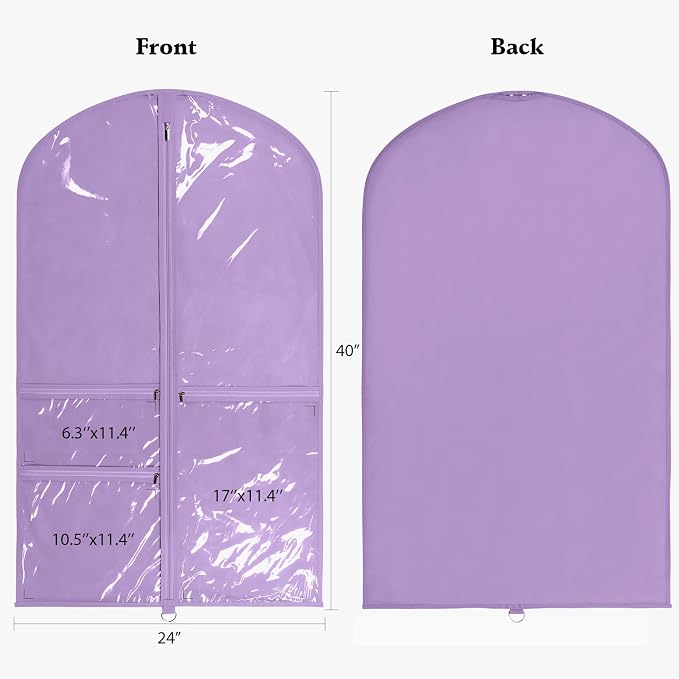 Univivi Dance Costume Bags Garment Bag 40 Inch Hanging Clothes for Dance Competitions, with 3 Medium Clear Zipper Pockets for Dance Costumes, Closet Storage (Purple) - 4 Pack - Image 2