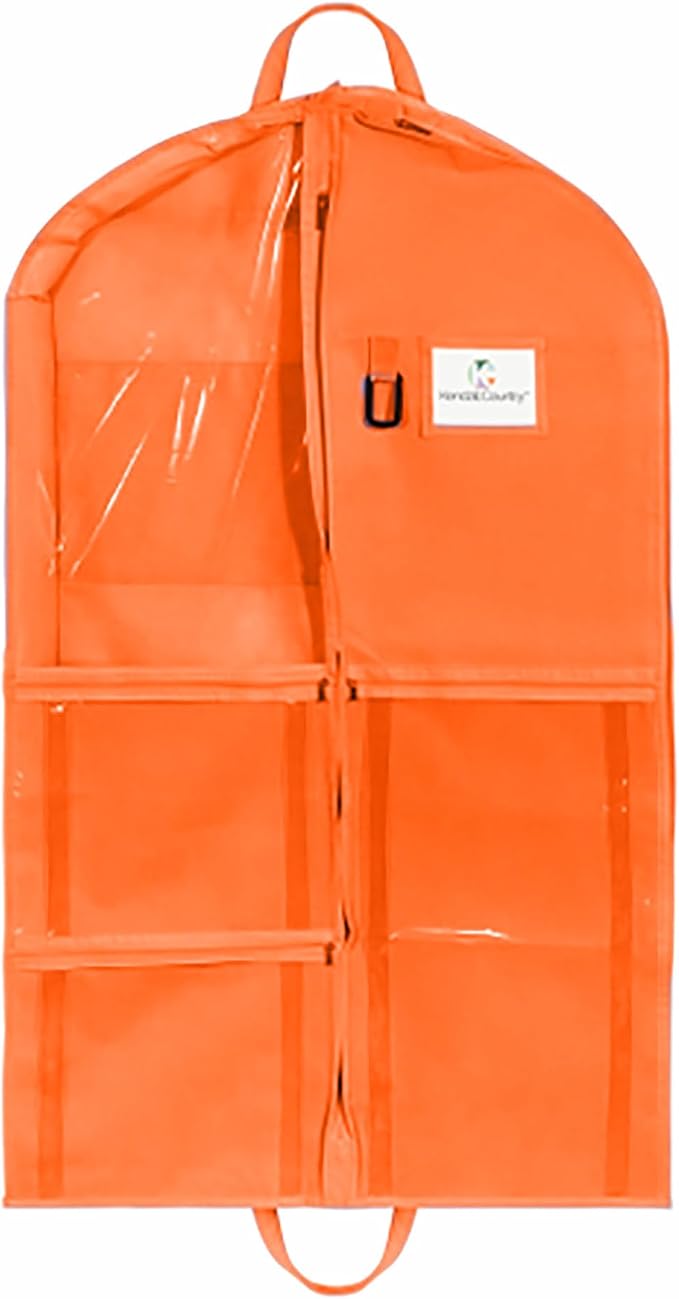 Enhanced Hanging Garment Bag with multiple clear Pockets, carrying straps, front and Side Zippers for Clothes, Dance Costumes, Cheer uniforms, and pageant dresses. (TigerOrange, 40 inch) by KendallCountry