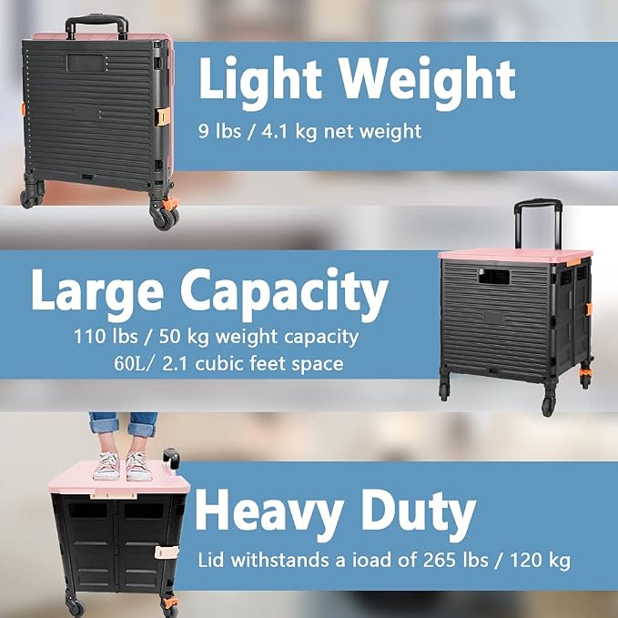 FELICON SELORSS Foldable Utility Cart Folding Portable Rolling Crate-Pink | Heavy Duty,Telescoping Handle,4 Rotate Wheels,Collapsible Handcart for Travel Shop Move Luggage Laundry Teacher Office Use - Image 3