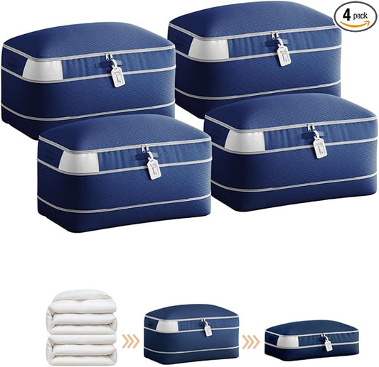 Homsorout Compression Storage Bags for Comforters - 4 Pack Long Large 100L Compression Bags, 3-Layer Washable Ultra Space Saving Self Comforter Storage Bag for Blankets, Sheets, Clothes, Navy Blue by Homsorout