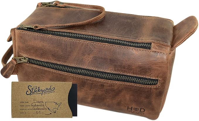 Hide & Drink, Toiletry Bag w/Handles, Hygiene Organizer, Travel Dopp, Razor Case, Bathroom, Shaving, Cosmetic Storage, Travel & Grooming Essentials, Full Grain Leather, Handmade, Bourbon Brown - Image 4