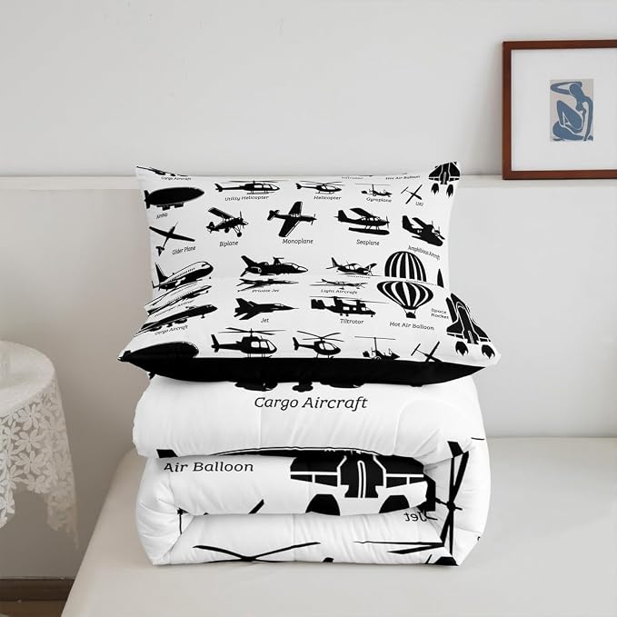Erosebridal Airplane Comforter Set Twin,Black White Airplanes Bedding Set Space Rocket Aircraft Down Comforter for Boys Kids Teens Room Decor,Helicopter Biplane Quilt Duvet Sets with 1 Pillow Case - Image 7