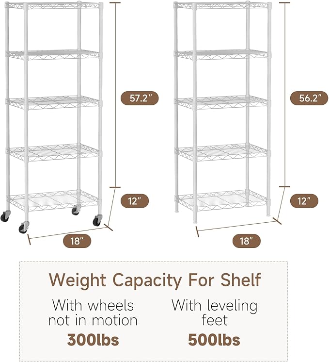 Golpart Small 5 Tier Shelves Storage Wire Shelving Unit Metal Shelf Adjustable Organizers Storage Shelving with Wheels for Bathroom Laundry Room Kitchen Pantry11.7”D x 17.7”W x 57.2”H White - Image 6