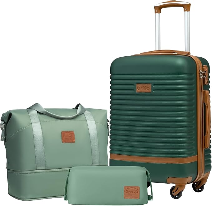 Coolife 3 piece luggage Carry On Suitcase TSA Lock,Dark Green(DB/TB/20) | 360° Spinner Wheels;Convenient Trolley Sleeve;Water-Resistant Fabric;Fully-Lined Zipper Interior;Lightweight ABS by COOLIFE