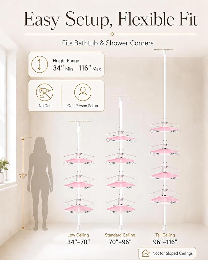 ALLZONE Corner Shower Caddy Tension Pole, 4 Hang-On Basket with Mixed-Height Shelves for Various Bottle Sizes, Extra Hooks & Soap Holder, Rustproof Stainless Steel, Fits 34–116 Inch, Silver/Pink - Image 3