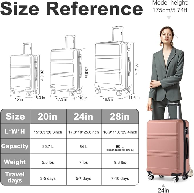 Kono 24 Inch Luggage Suitcase with Spinner Wheels TSA Lock | Lightweight PC+ABS Hardside Medium Checked Luggage Durable Rolling Suitcase Nude/Rose Pink - Image 6