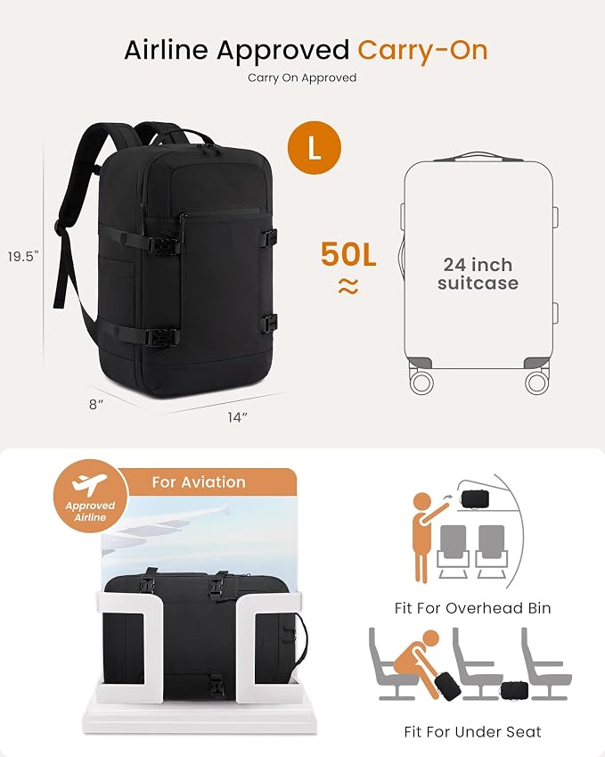 LOVEVOOK 50L Travel Backpack for Women & Men, Airline Approved Carry On Backpack with 3 Packing Cubes, TSA Personal Item Bag, Waterproof Weekender Overnight Backpack Fits 17" Laptop - Image 3